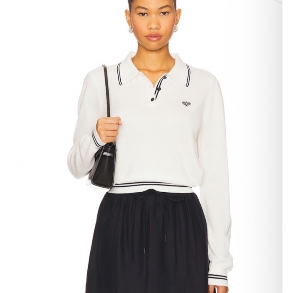 Frame The L/S Tennis Polo White Cotton Modal Pique Knit Shirt Medium WF25KSW050